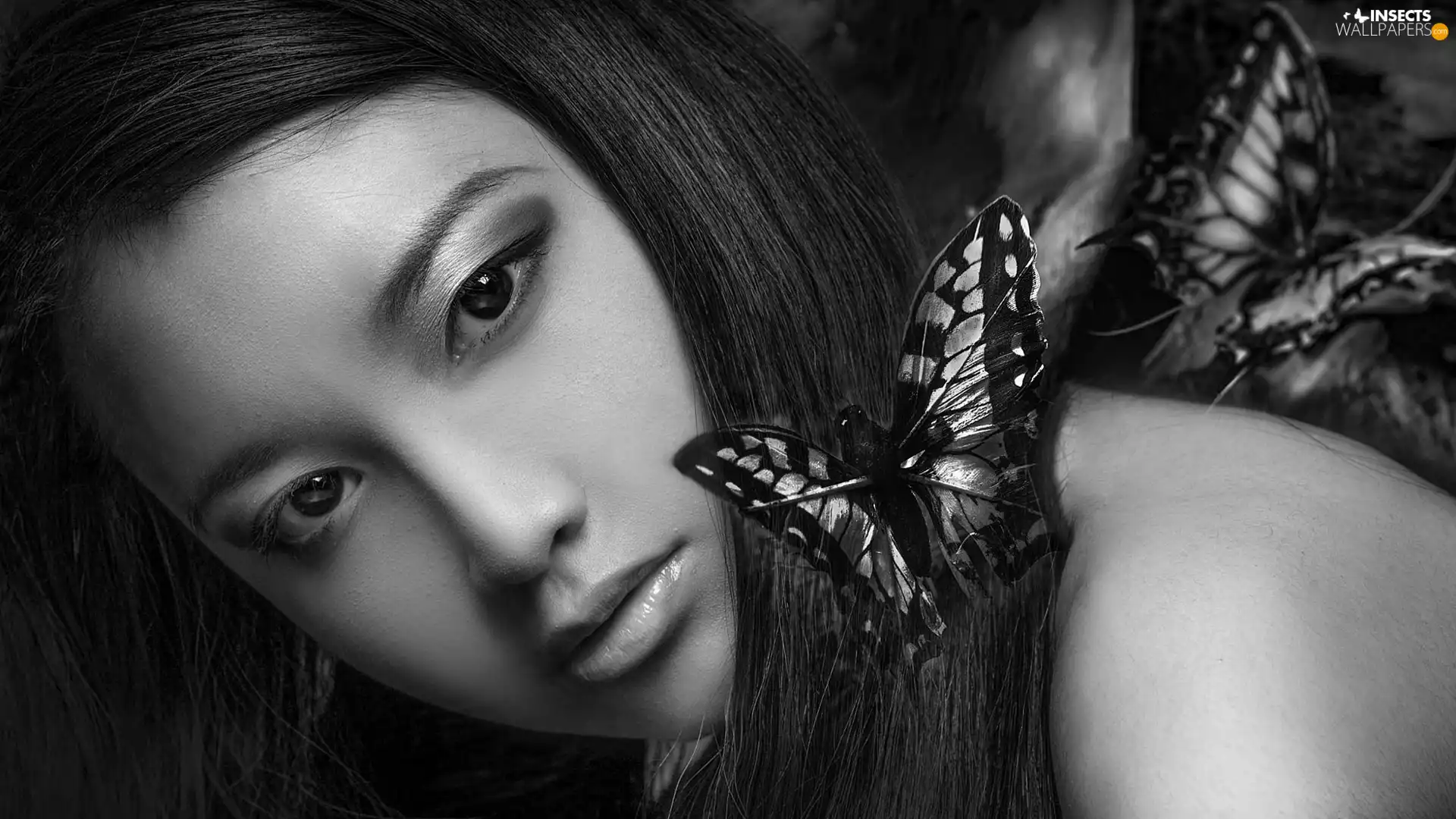 Black and white, Women, butterflies