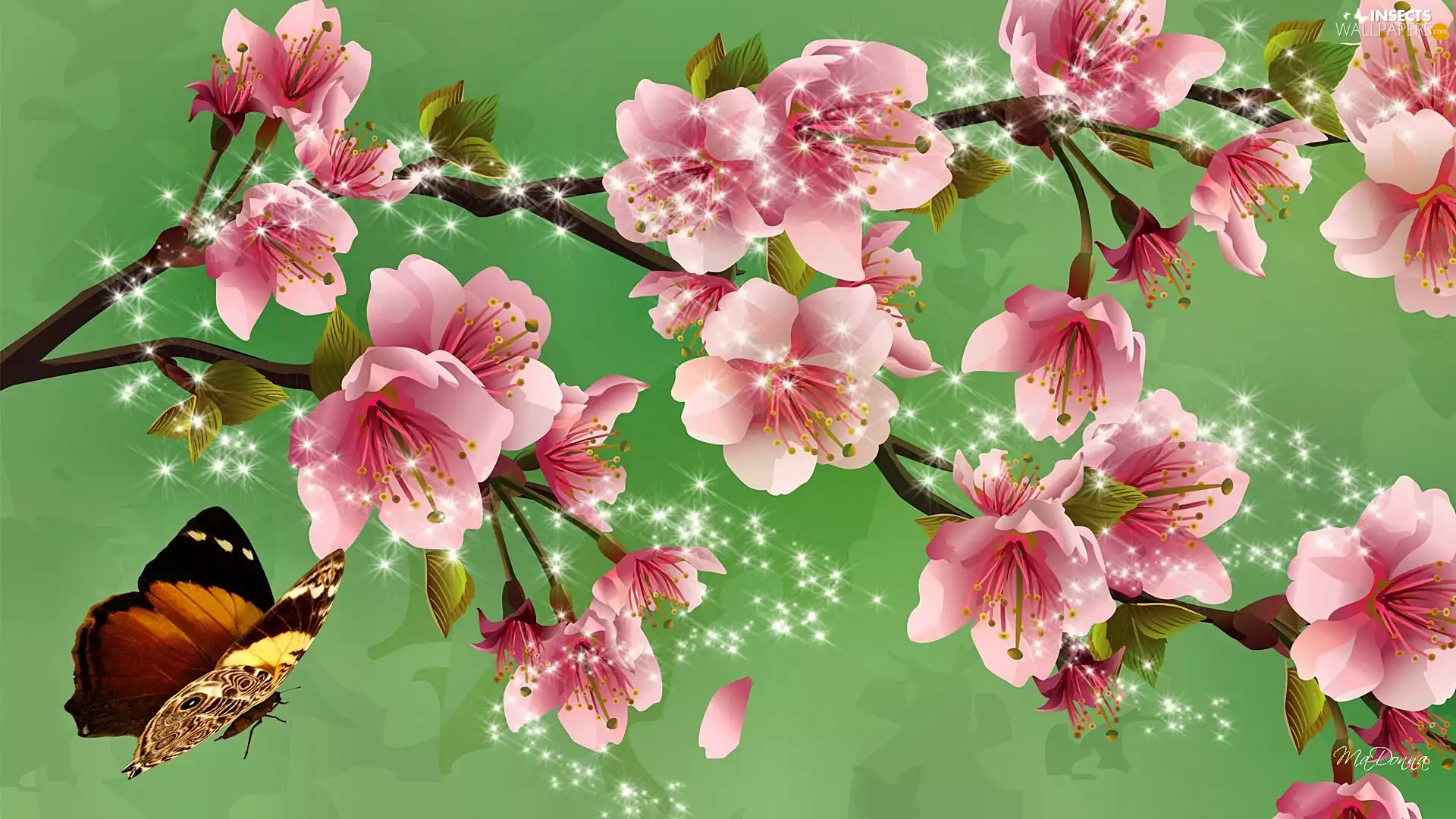 trees, Flowers, butterfly, Art, viewes, fruit