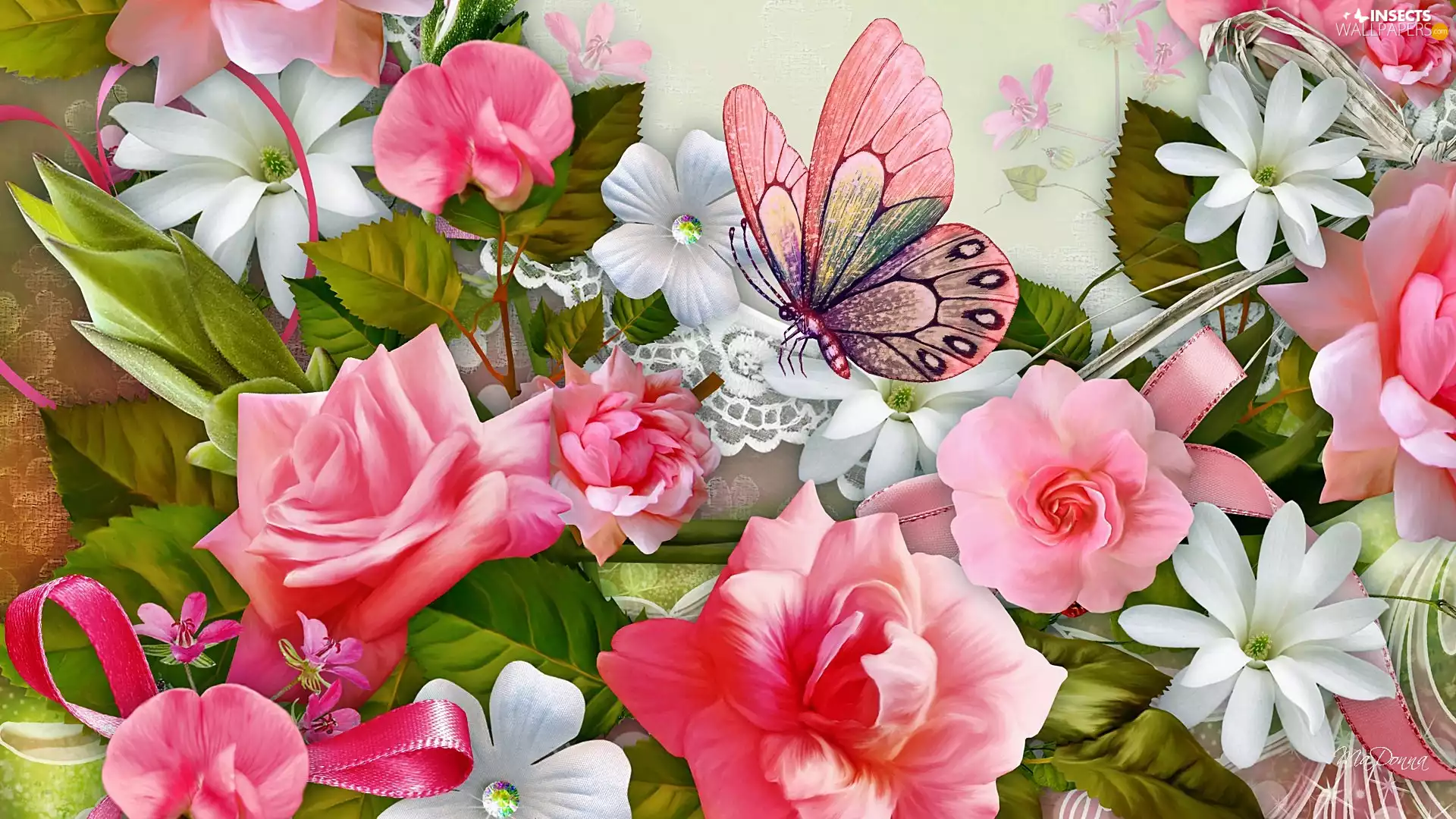 butterfly, Art, roses, Flowers, Pink