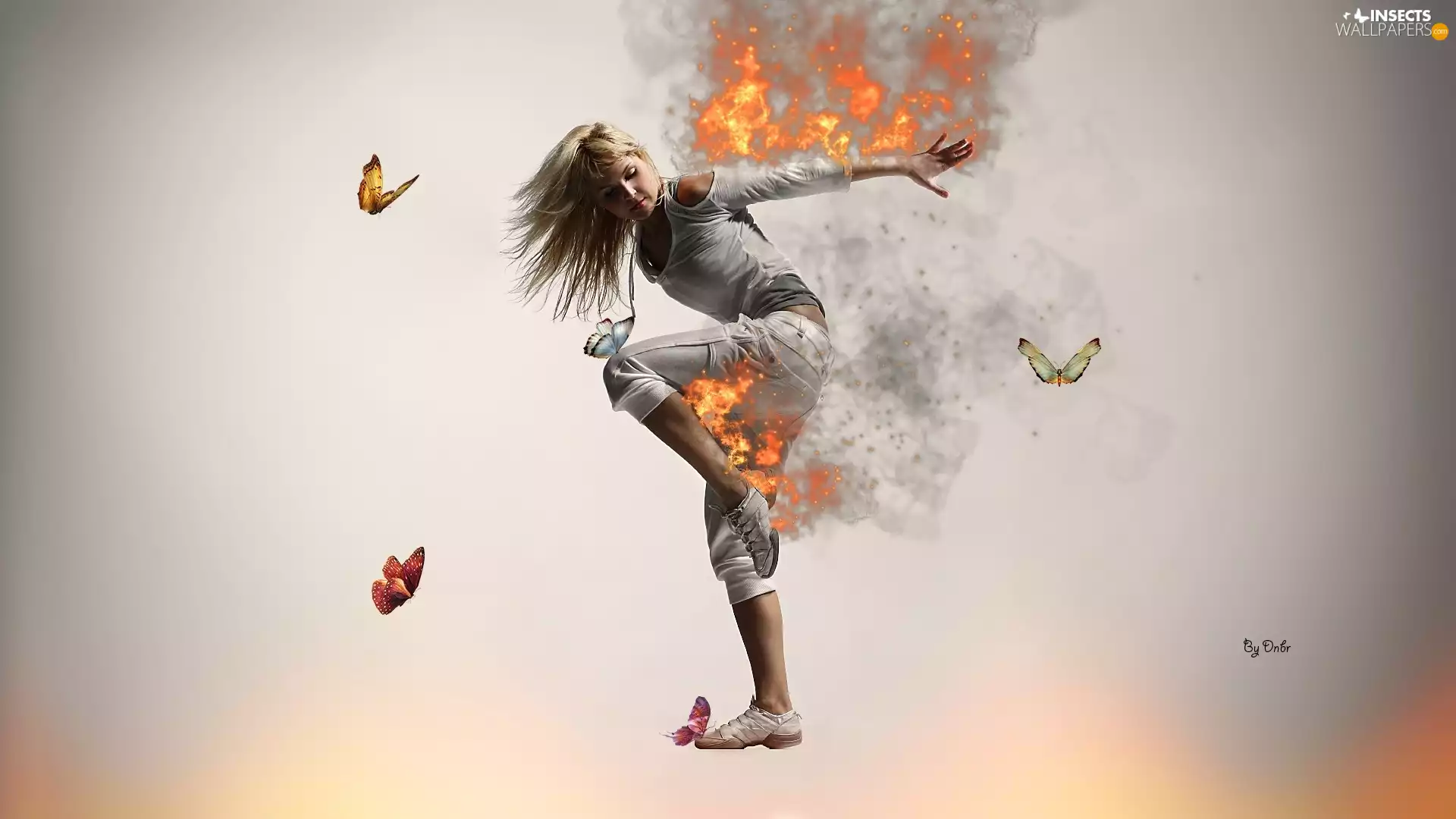 girl, Big Fire, butterflies, dance