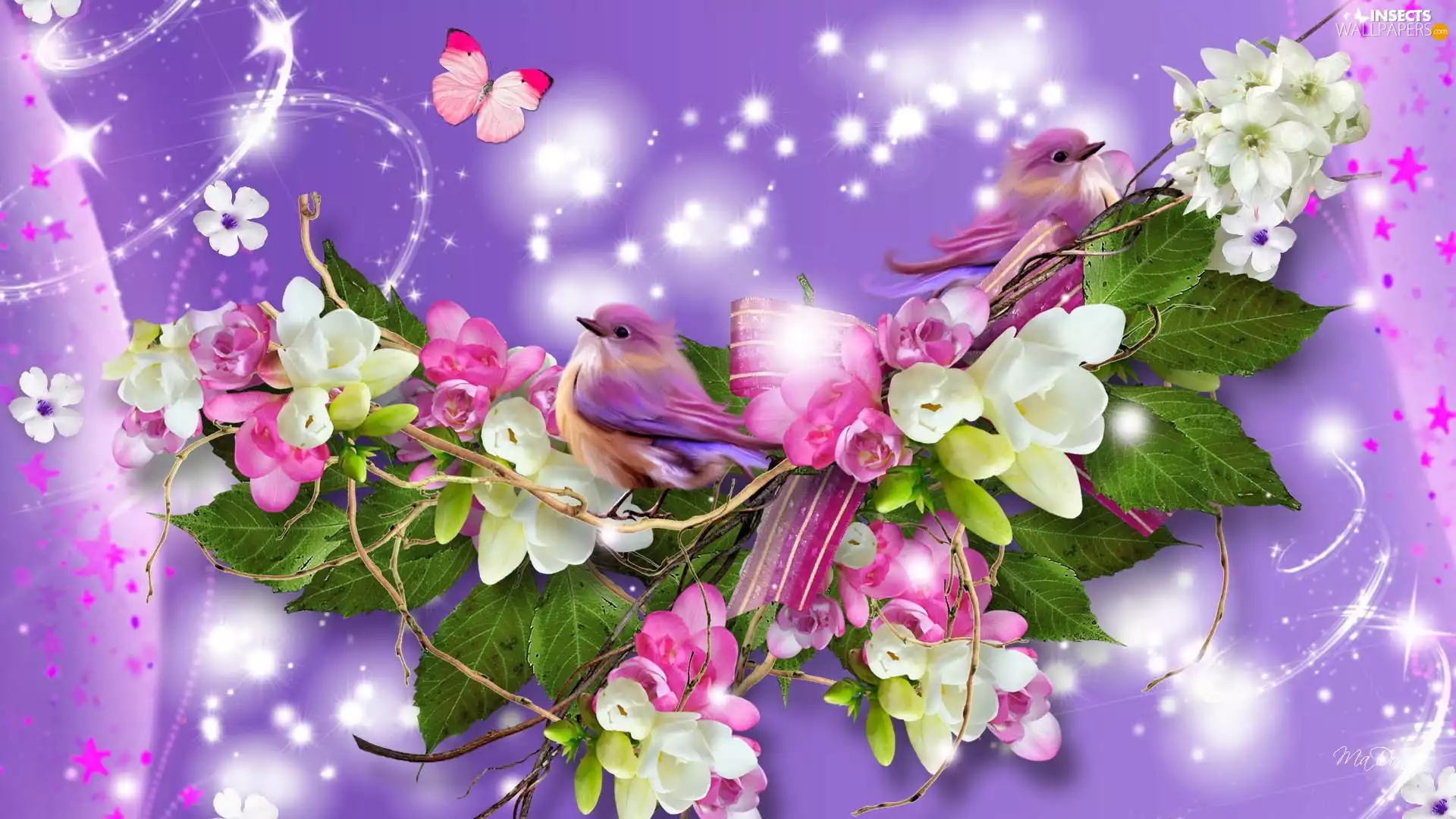 Flowers, butterfly, graphics, Birds on the log