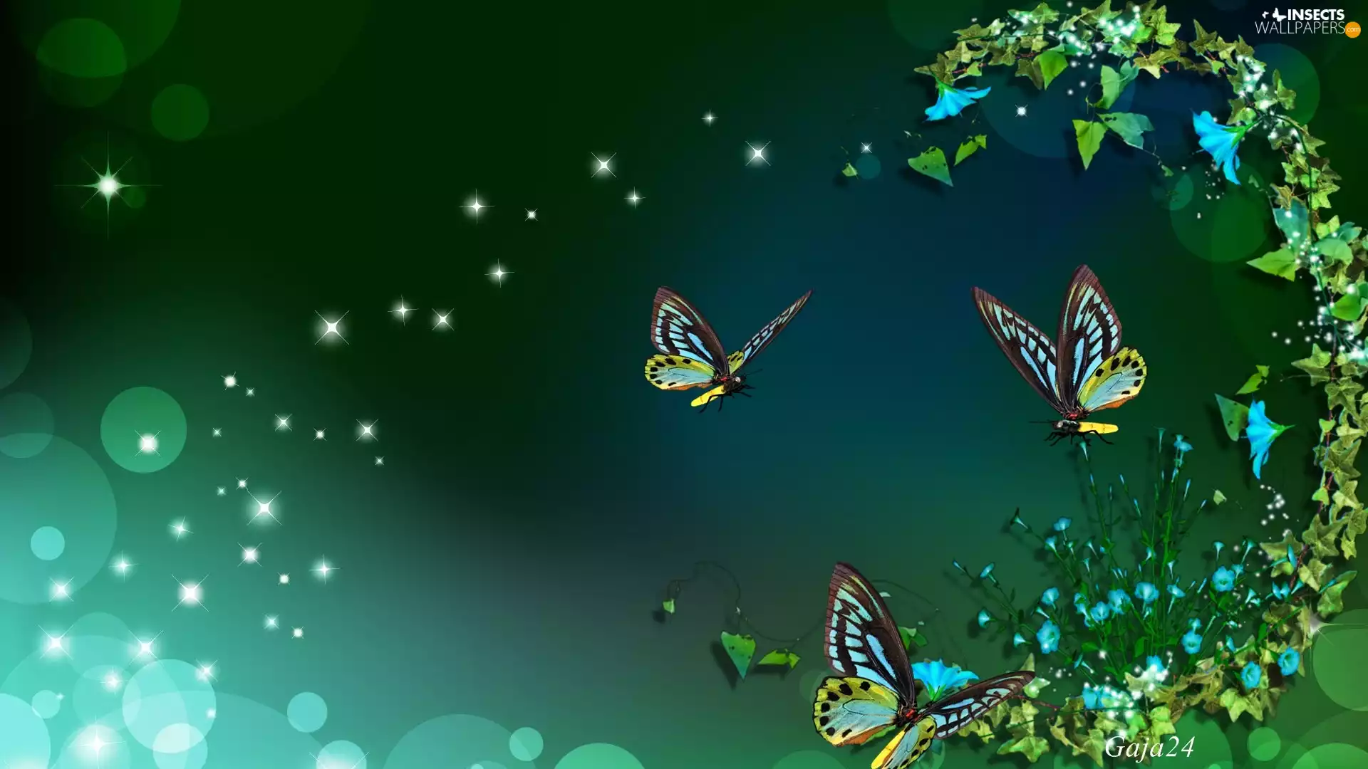 butterflies, Bokeh, Art, Blue Flowers