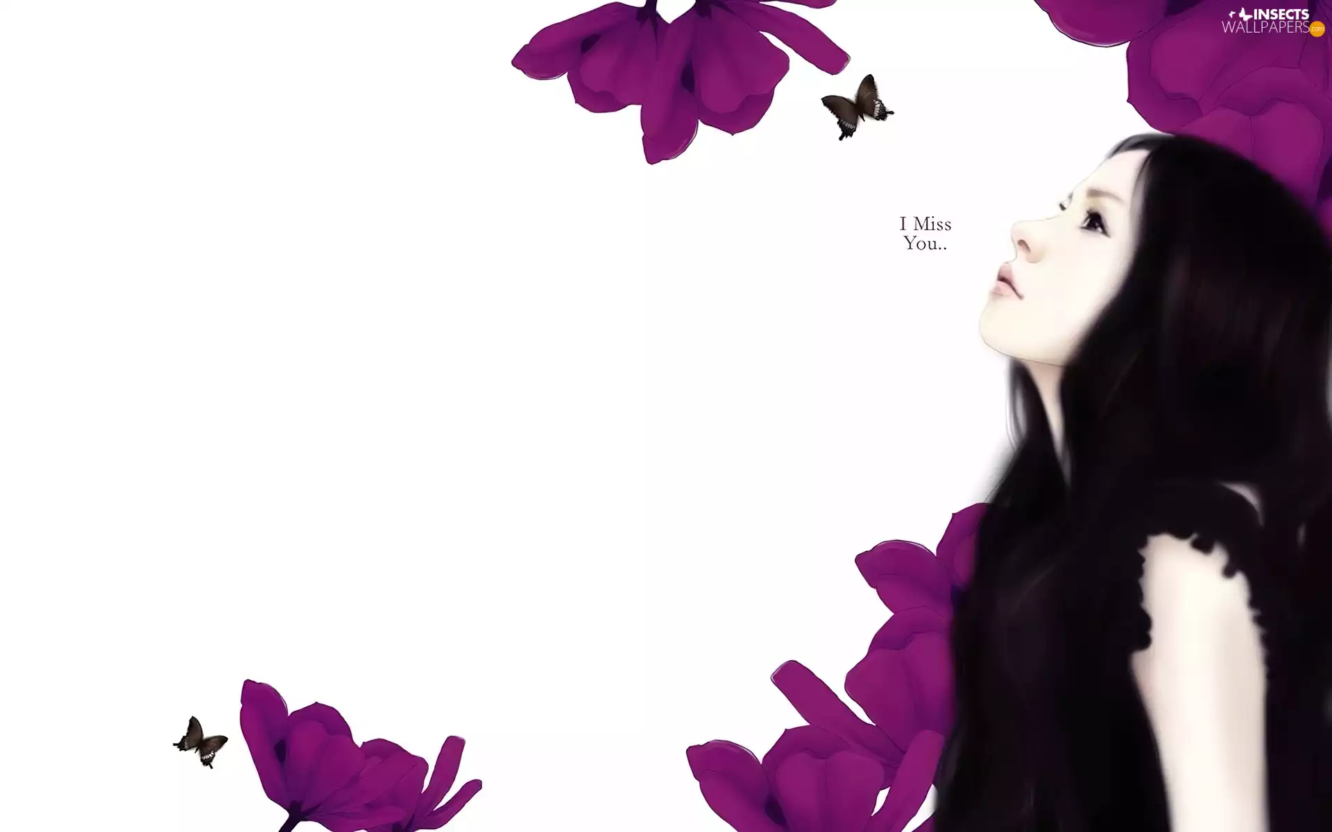 Flowers, butterflies, brunette, purple, Women