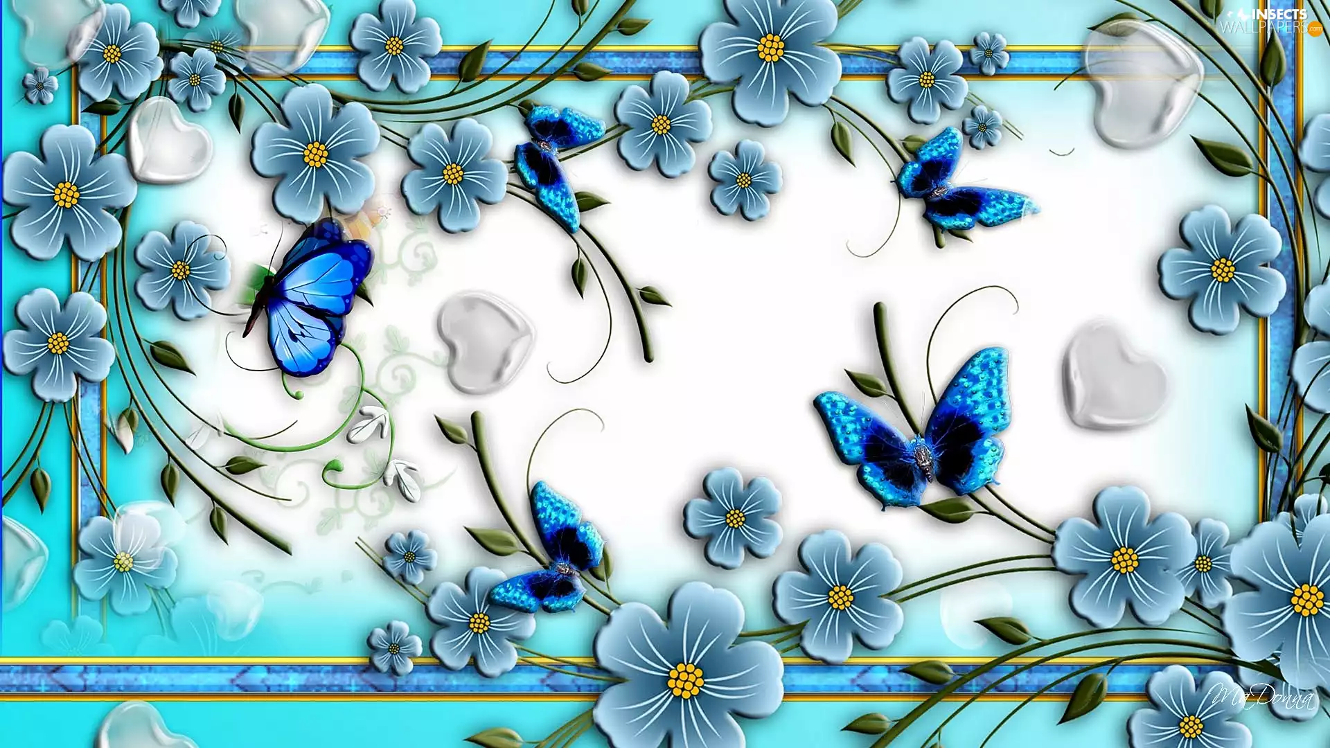 Flowers, blue, abstraction, butterflies