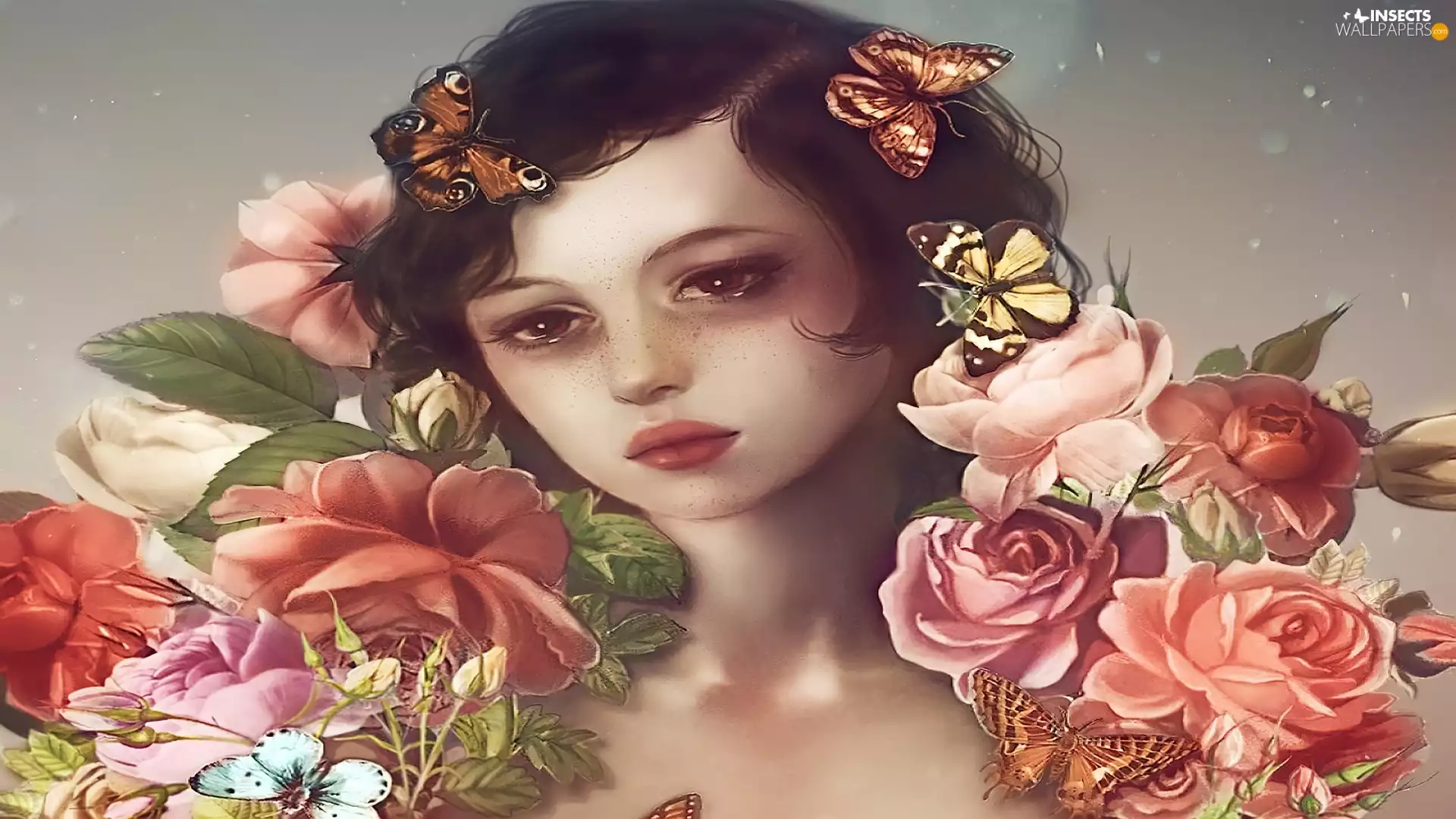 butterflies, Women, Flowers