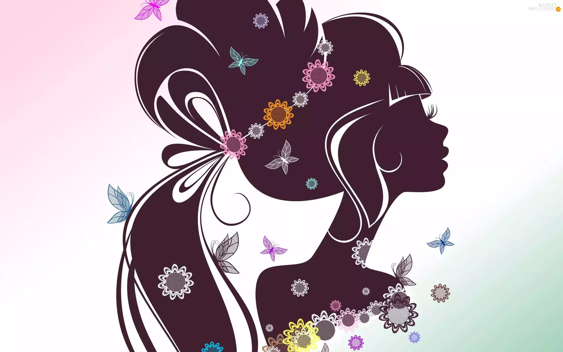 Women, Flowers, graphics, butterflies