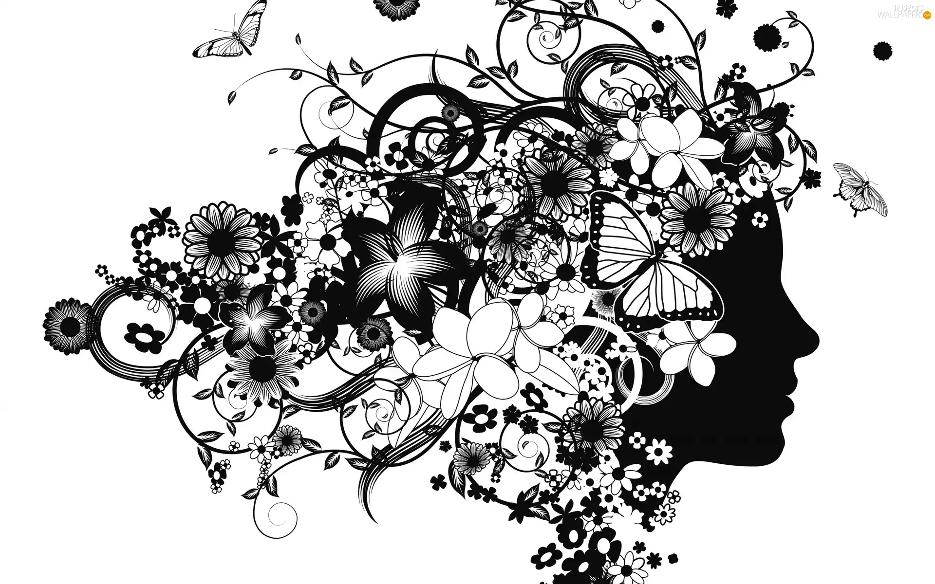 Women, Flowers, graphics, butterflies