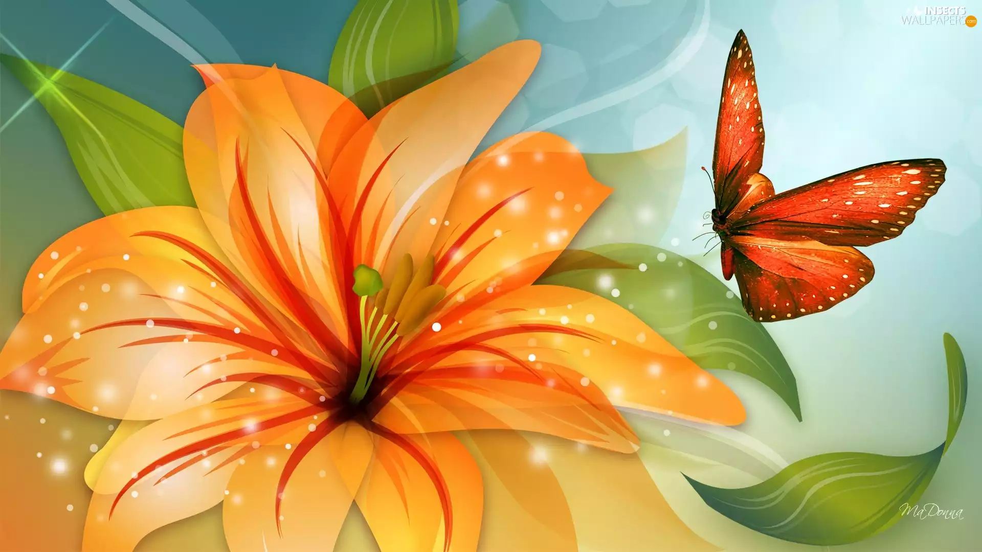Orange, butterfly, Art, Colourfull Flowers