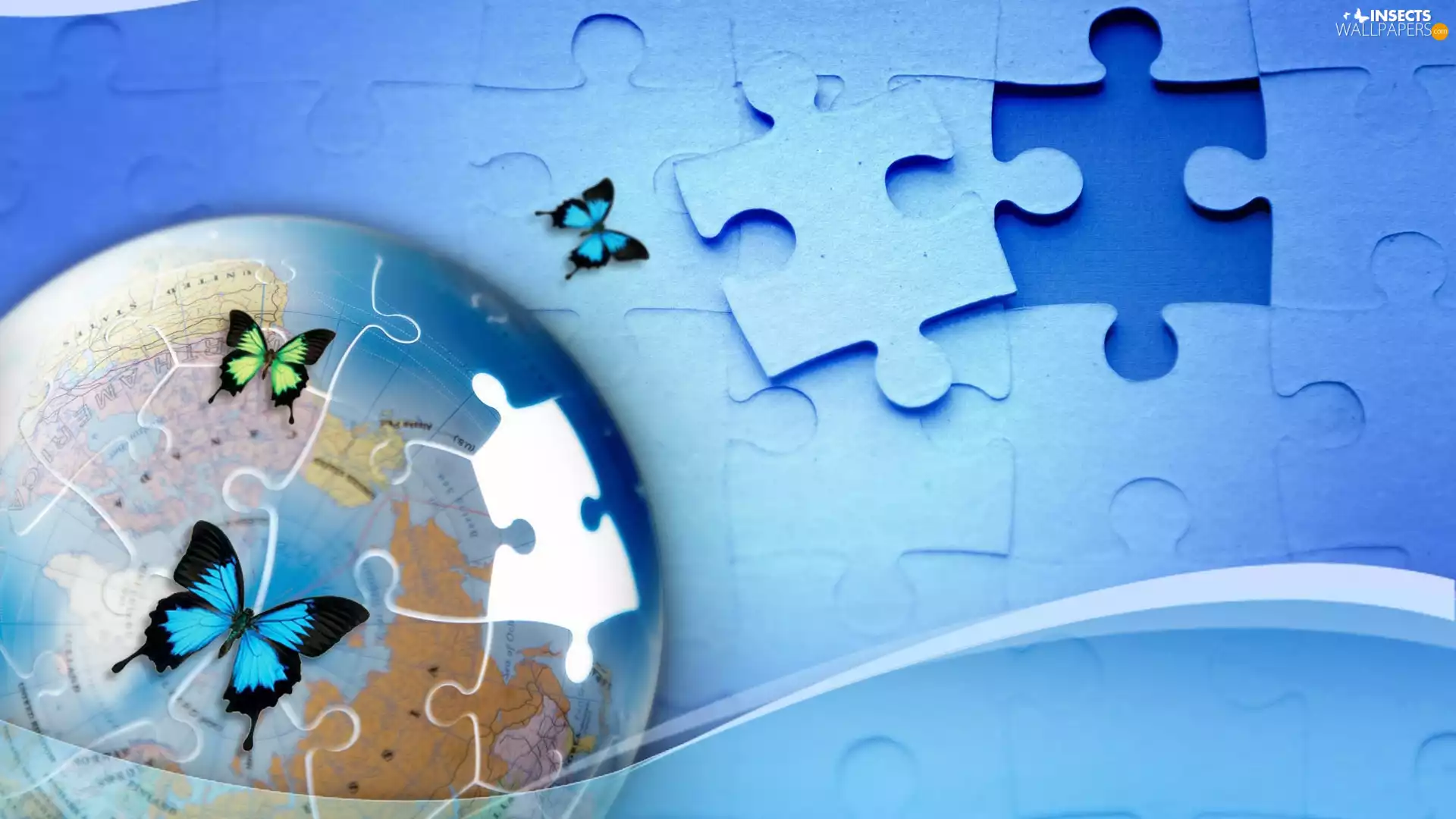 globe, puzzle, graphics, butterfly