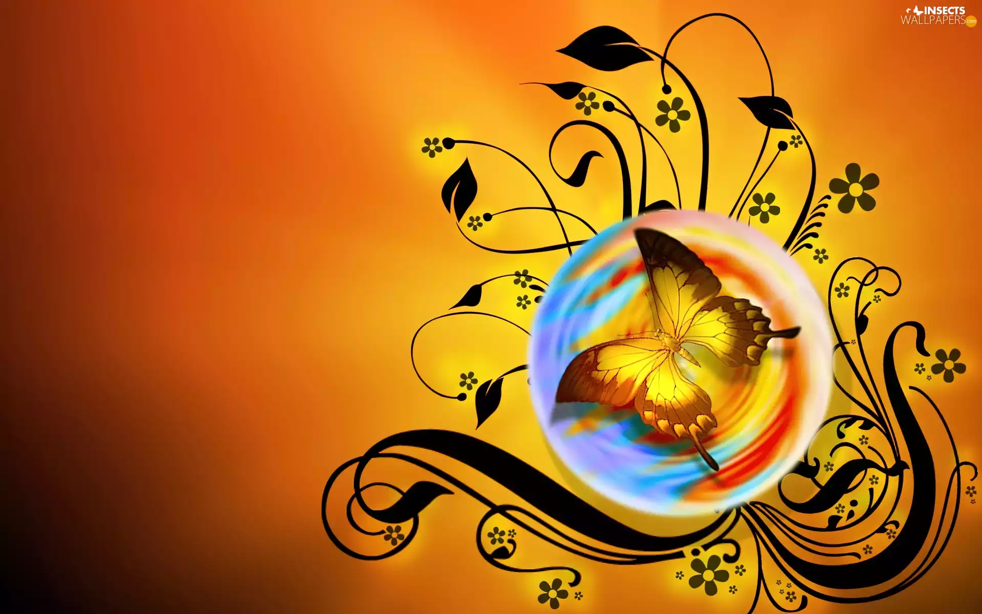 Black, Flowers, ##, sphere, butterfly