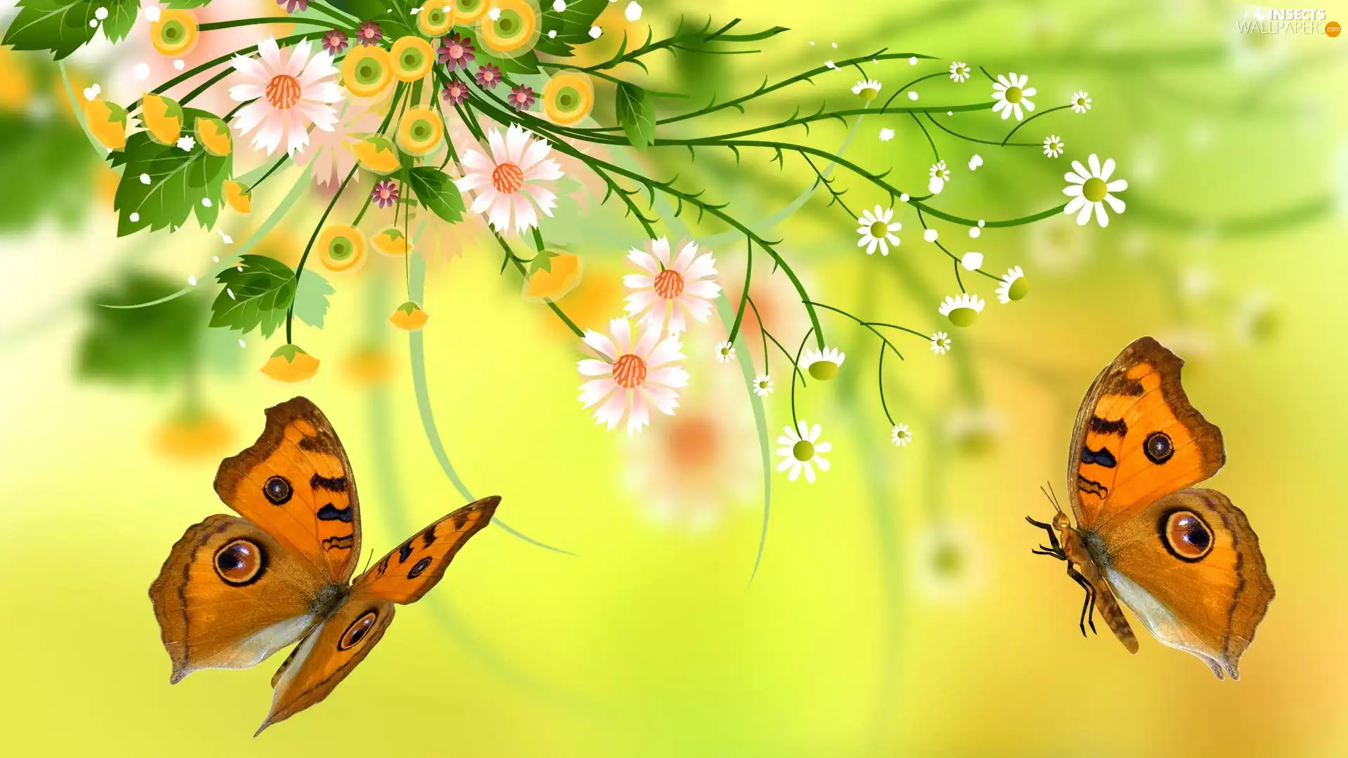 2D Graphics, butterflies, Flowers