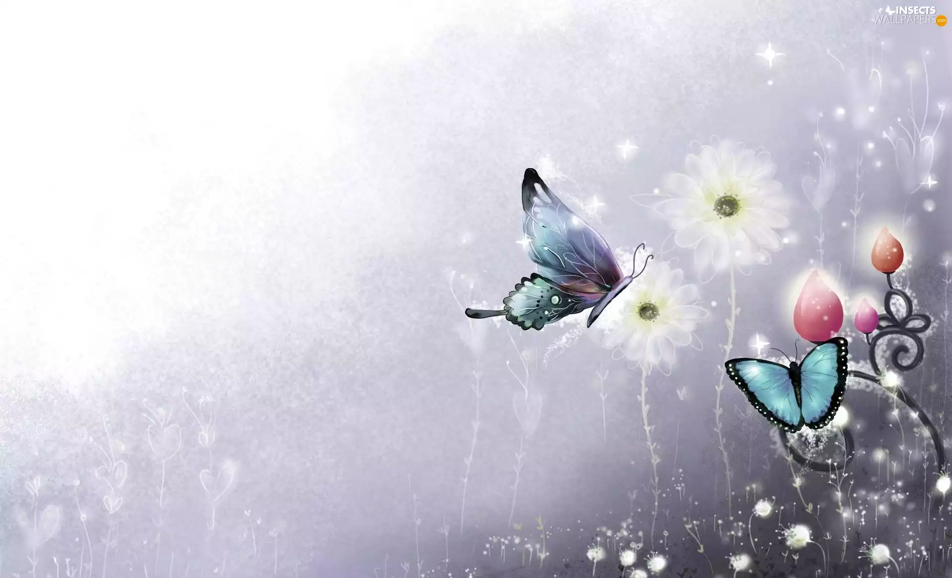 2D Graphics, butterflies, Flowers