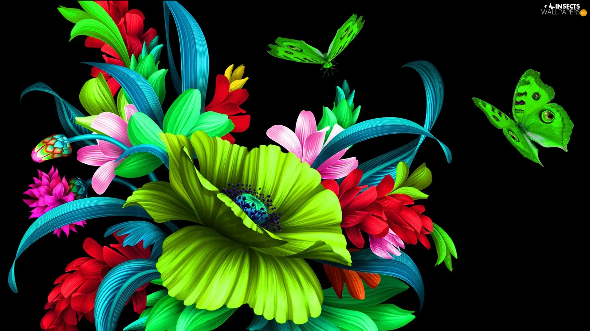 butterflies, 2D Graphics, Flowers