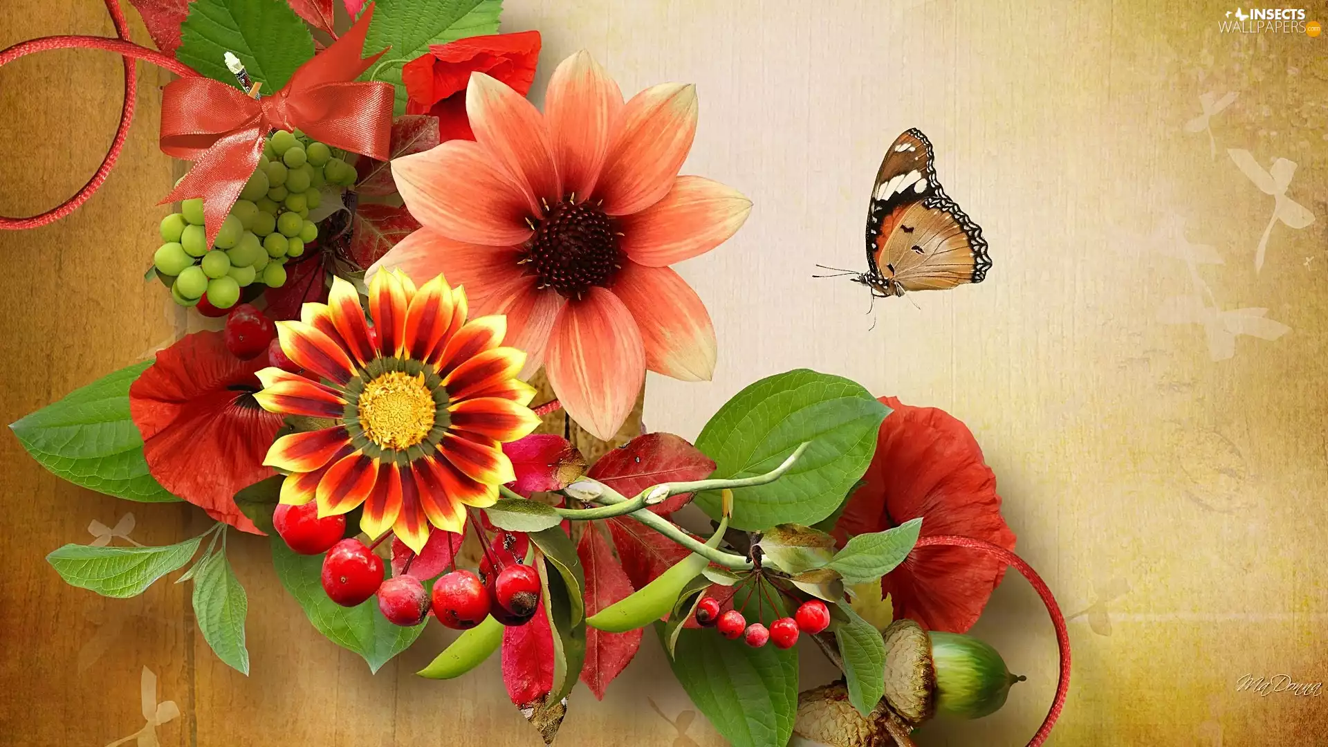 Autumn, butterfly, Art, Flowers