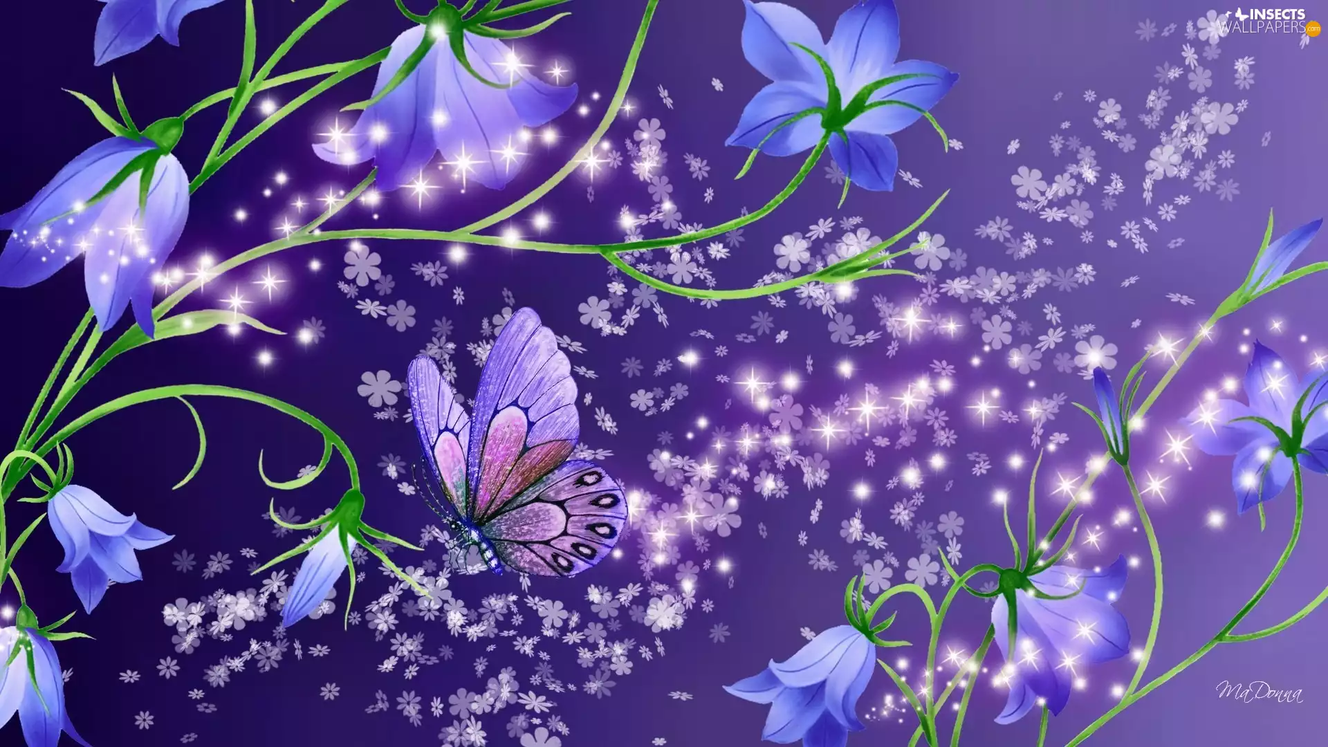 Blue, butterfly, Art, Flowers