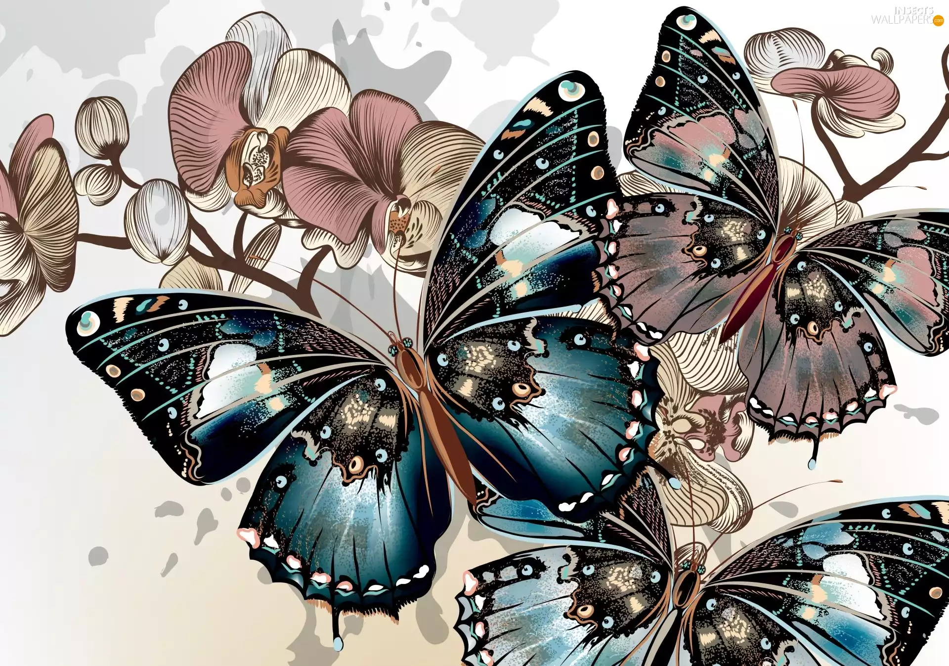 butterflies, Twigs, graphics, Flowers