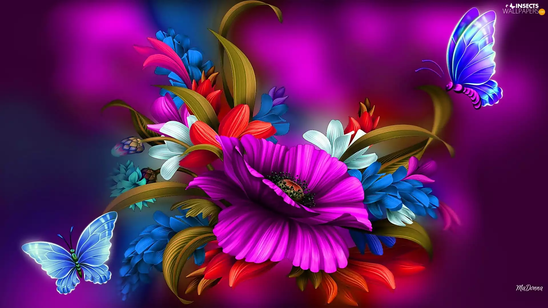 color, butterflies, Art, Flowers