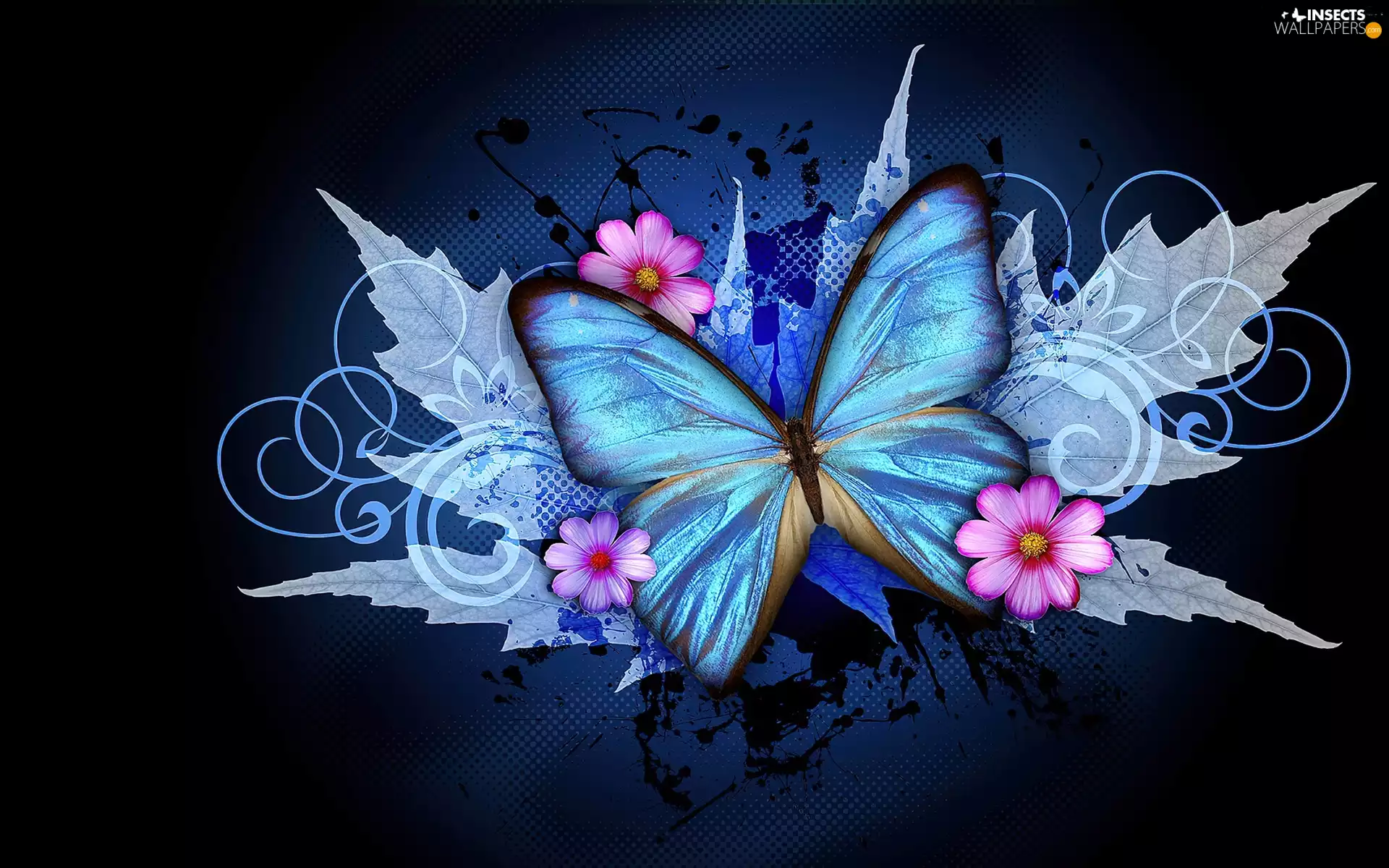 2D Graphics, butterfly, Flowers, blue