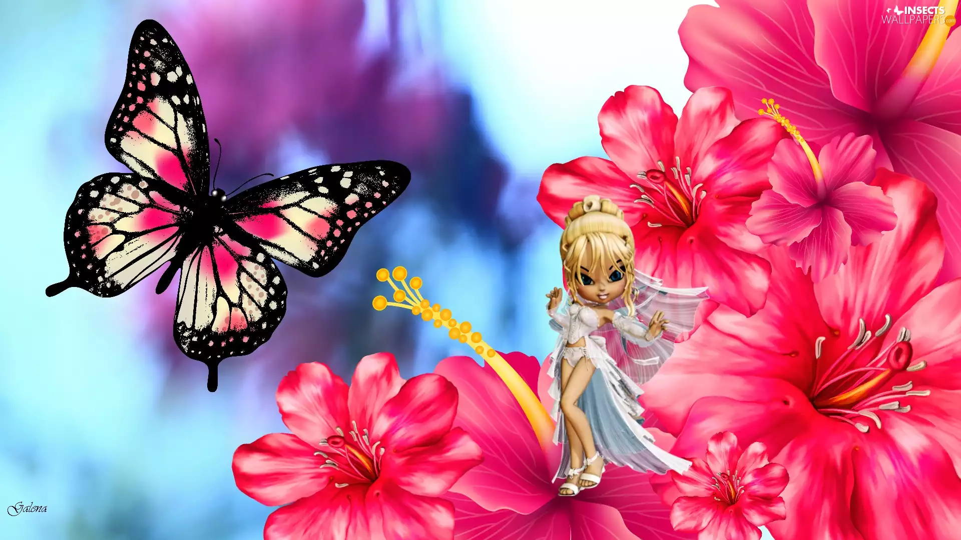 butterfly, graphics, Flowers, dolly, Pink