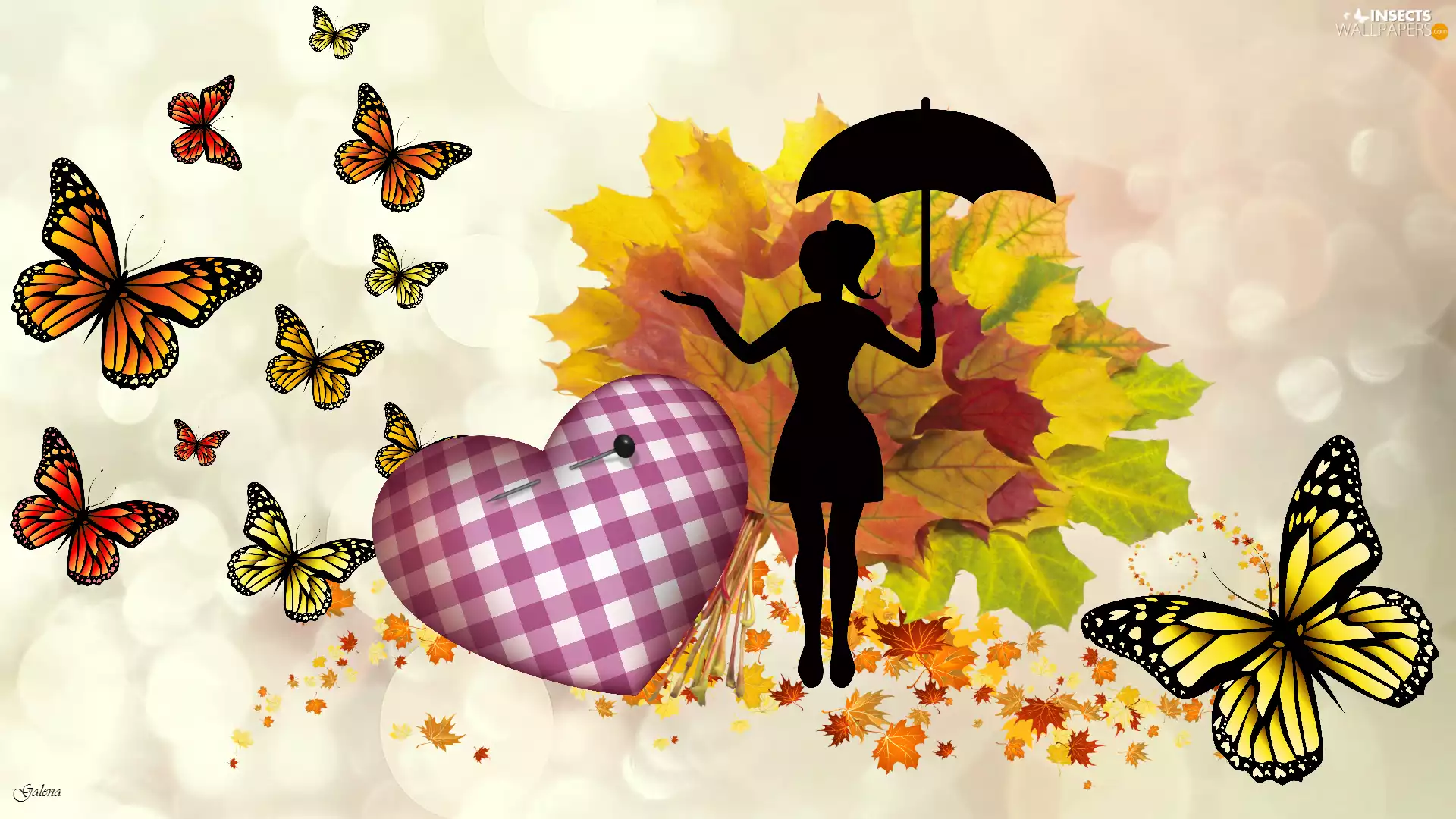 butterflies, Heart, Women, Leaf, autumn, umbrella, 2D Graphics