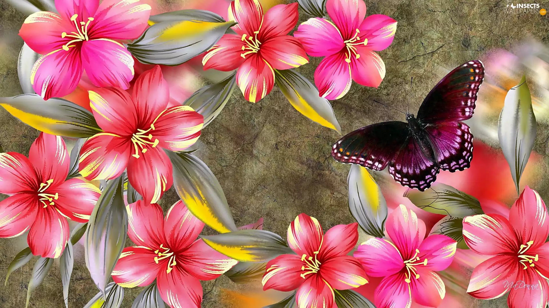 Flowers, butterfly, Art, hibiskus