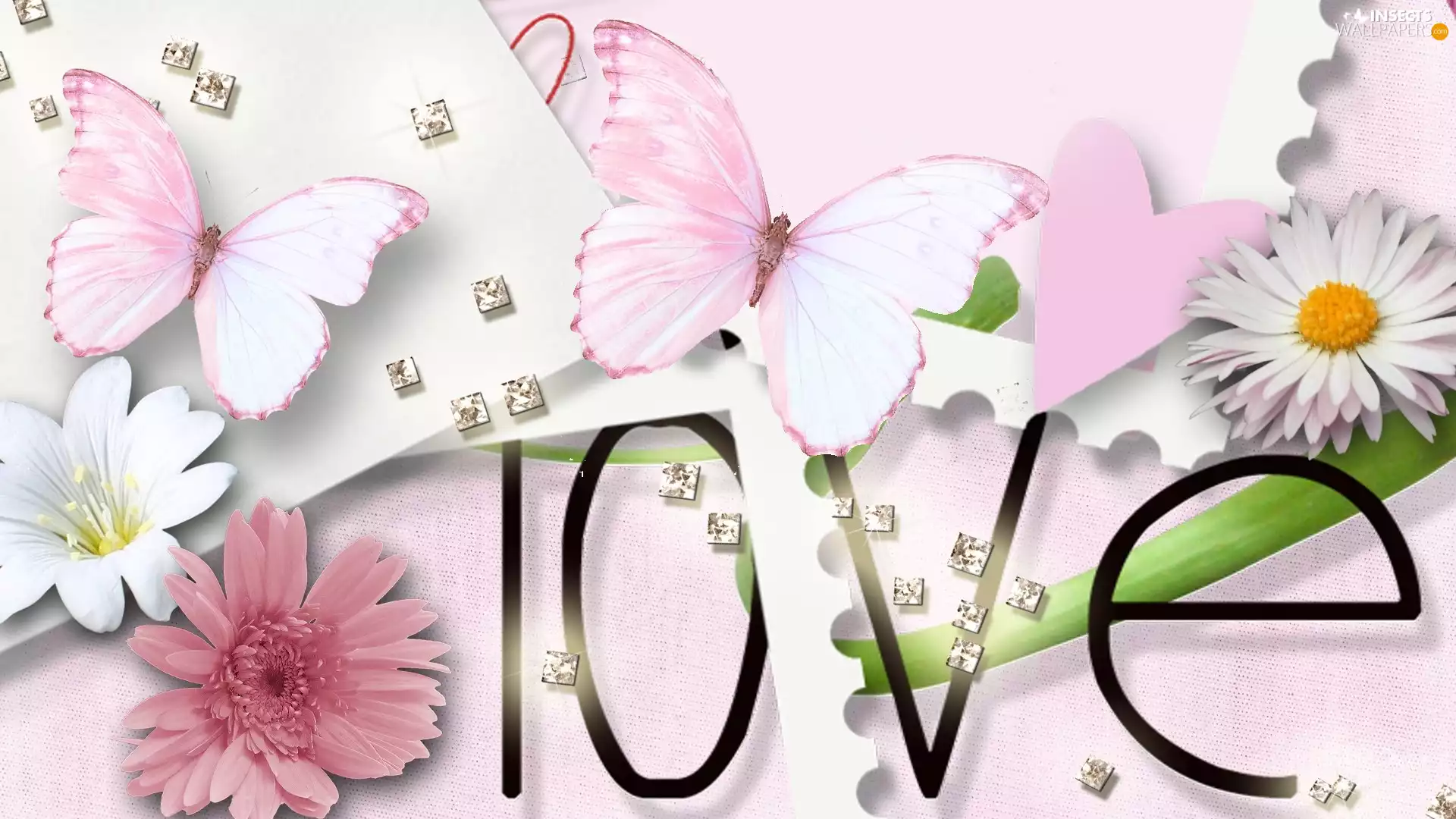 text, Flowers, butterflies, LOVE