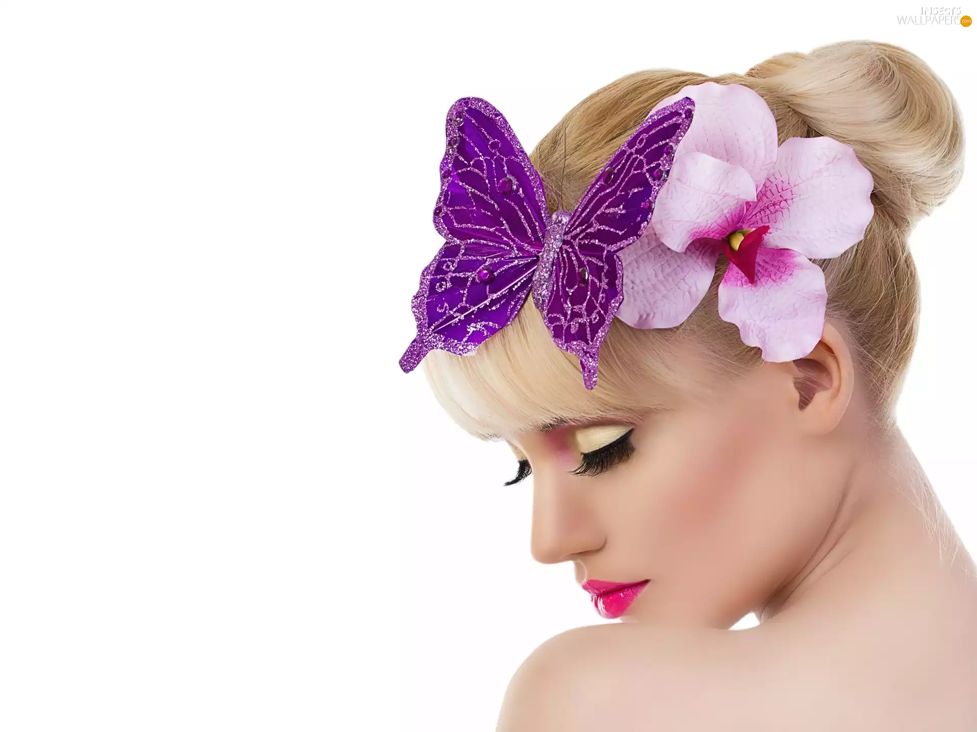Colourfull Flowers, butterfly, model, make-up, Blonde