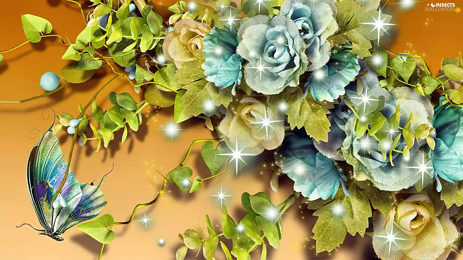 Blue, butterfly, Art, roses