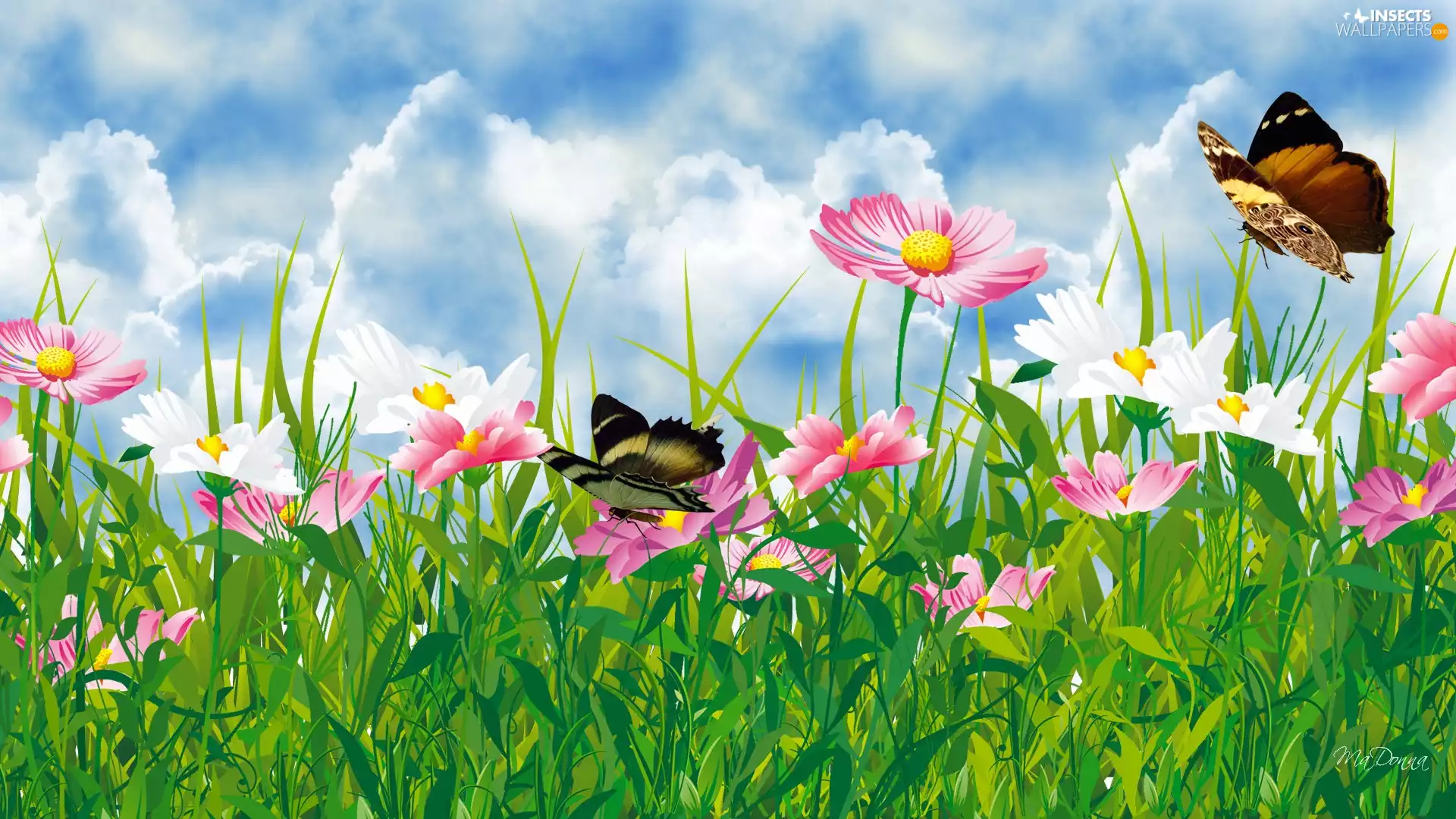 Flowers, butterflies, Art, Sky