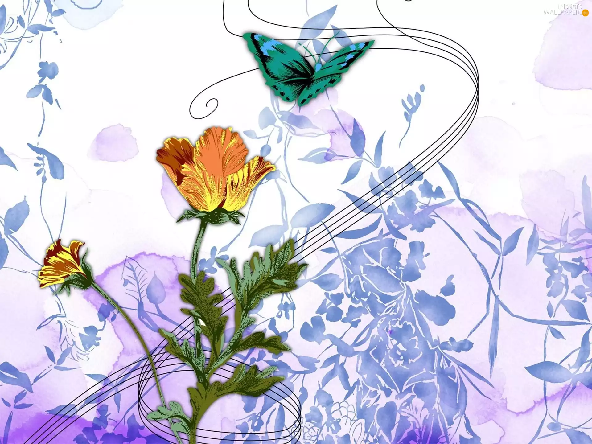 Blue, Stylists, Flowers, butterfly, Yellow