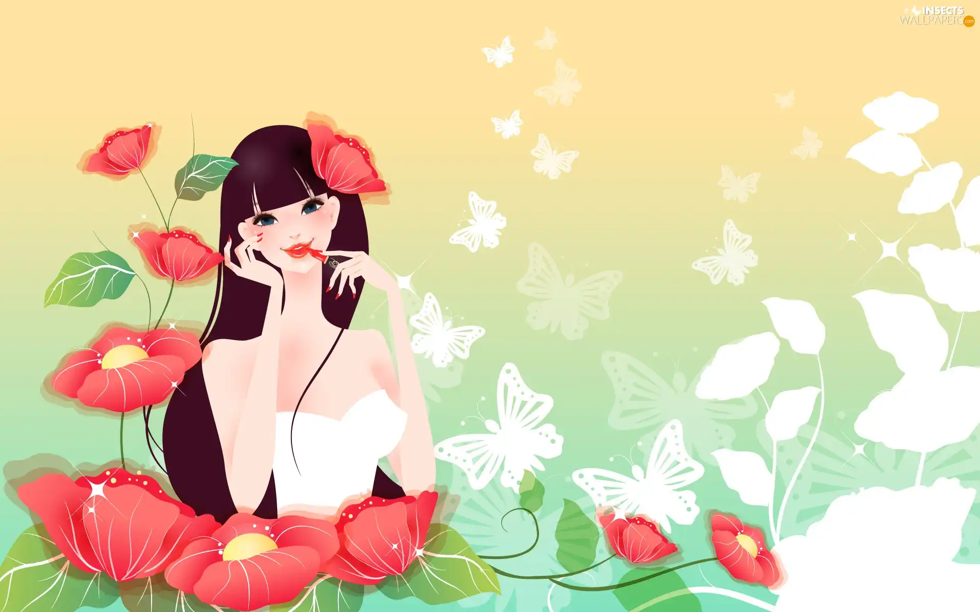 Flowers, girl, White, butterflies, lipstick, Red