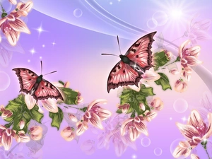 butterflies, sun, 2D Graphics, Flowers